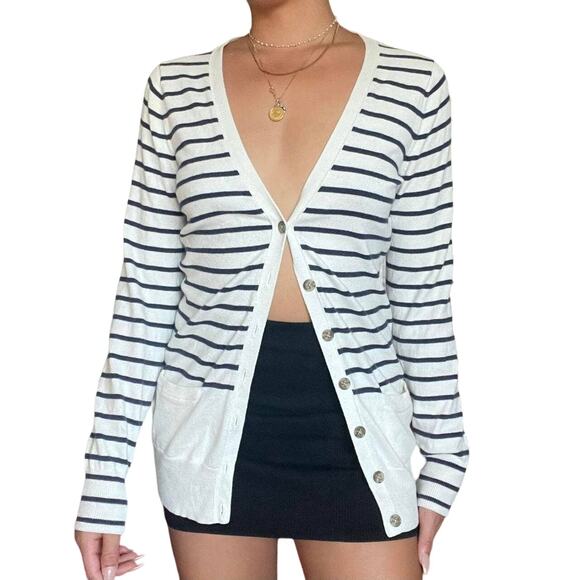 Banana‎ Republic White/Black-Striped Button-up V-neck Cardigan Cashmere - Size S - Picture 1 of 10